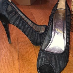 Black mesh peep toe jeweled heels size 8